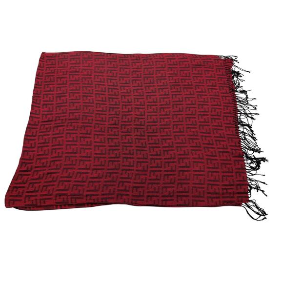 Red Black Pattern Scarf Woven Tassel Rectangular - Picture 3 of 4